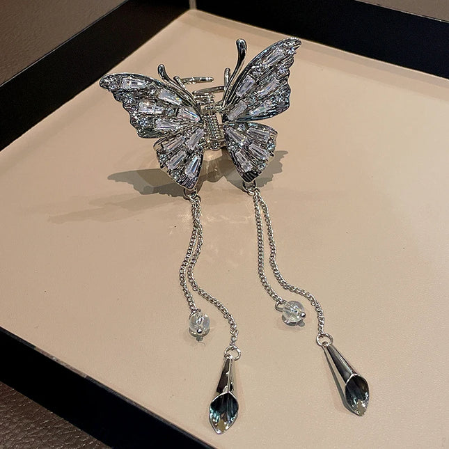 Shiny Rhinestones Butterfly Hair Claw Clips for Women Girl Vintage Long Chain Tassel Claw Clip New Chinese Style Accessories M1