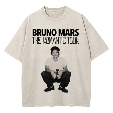 100% Cotton Vintage Washed Bruno Mars The Romantic Tour 2026 T Shirt Fashion Men Aesthetic Oversized Loose Acid Wash Tees Shirts