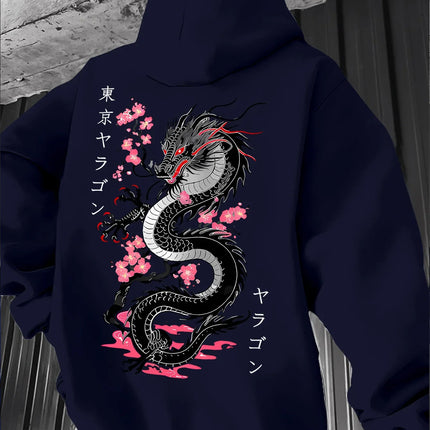 Autumn Winter Viral Korean Streetwear Double Sided Japanese Dragon Sakura Print Hoodie Y2K Eboy Oversized Long Sleeve Pullover