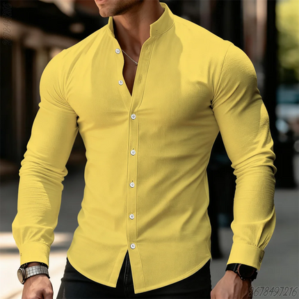 21 New Colors Men's Solid Color Long-Sleeved Stand Collar Shirt, Comfortable, Casual, Business, High-Quality, Elegant Men's Top