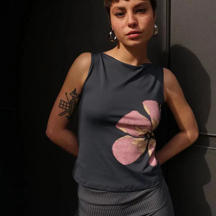 Women's Flower Print Crop Tank Top Fitted Boat Neck Sleeveless Summer Top for Party Club 2025 New Fashion