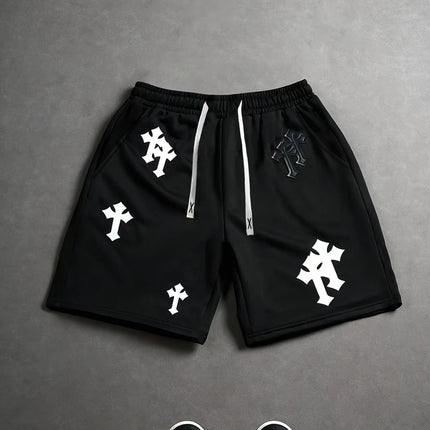 Men's Casual Sports Shorts with Cross Print and Letter Design, Drawstring Waistband and Pockets, Summer Street Fashion