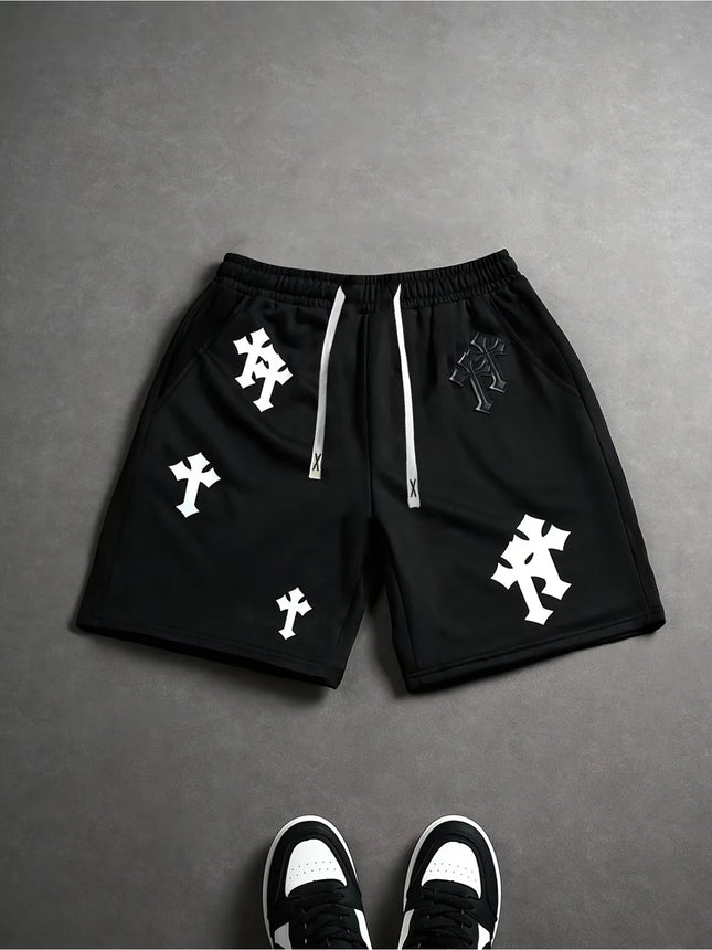 Men's Casual Sports Shorts with Cross Print and Letter Design, Drawstring Waistband and Pockets, Summer Street Fashion