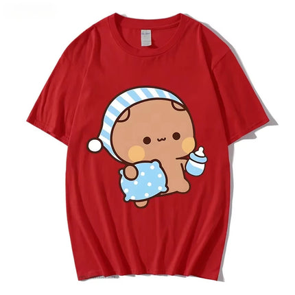 Couple T-shirt Cute BuBu Panda Going to Sleep with DuDu Bear Graphic T-shirt Women Clothes Sleeve Tops Women's Clothing