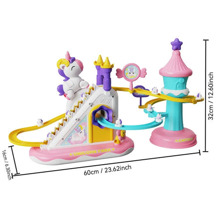 ABS Electric Unicorn Track Toy, 3 Mini Unicorns, Auto Stair Climbing, LED Music Castle Slide Girls Gift