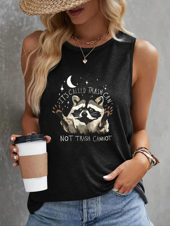 Raccoon & Moon Print Tank Top Casual Crew Neck Tank Top For Summer Women's Clothing