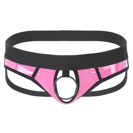 Mens Sexy Patent Leather Lingerie Hollow Out Bulge Pouch Latex Panties Jockstrap T-Back Letter Print Waistband Thongs Underwear