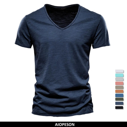 Brand Quality 100% Cotton Men's T-shirt V-neck Fashion Design Slim Fit Solid T-shirts Male Tops Tees Short Sleeve T-Shirt For Men