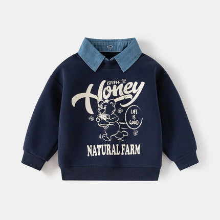 Spring New Children Clothes Korean Style Boys Fake Two Piece Sweatshirt Detachable Collar Cartoon Printed Long Sleeve Top