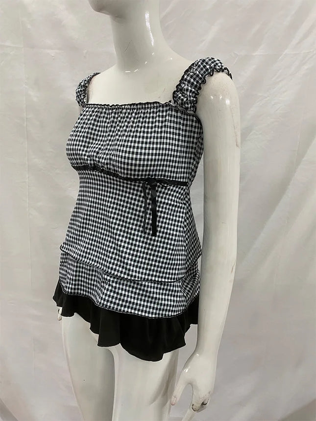 Summer Women's Sweet Gingham Ruffle Camisole Black And White Plaid Sleeveless Tank Top Y2K Aesthetic Casual Streetwear  2025 New