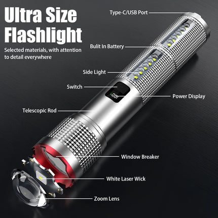 19000000LM Super Powerful Flashlight Built-in Battery High Power Torch Rechargeable LED Light Big Aperture Camping COB Lantern