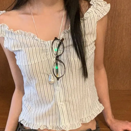 Korean Sle ort Striped Vest Women Summer Outerwear Subtle Design Single Button Lobone Trendy Age-Defng Top