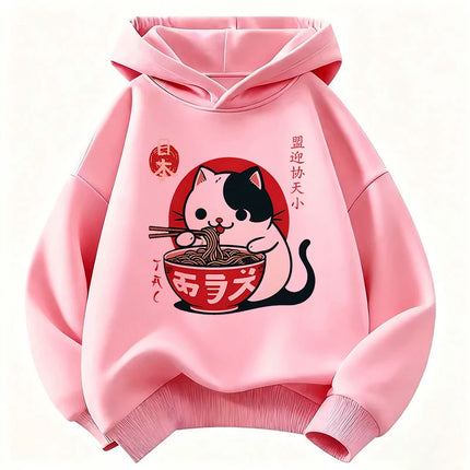 Japanese Style Cat Eat Ramen Hoodie Manga Kids Cat Children's Sweatshirt Cute Hoody for Boys Girls Casual Hoodies Spring
