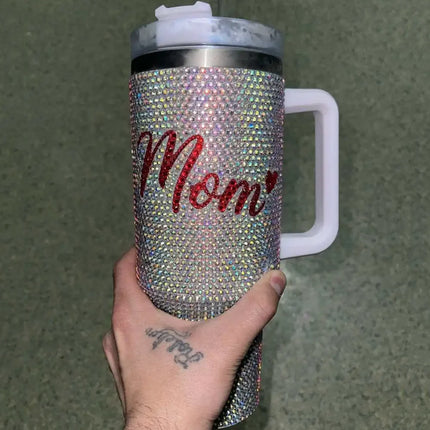 40Oz Stainless Steel Tumbler with Straw Mother's Day Gift Handmade Rhinestone Water Bottle Tumbler Luxury Bling Thermos Bottle