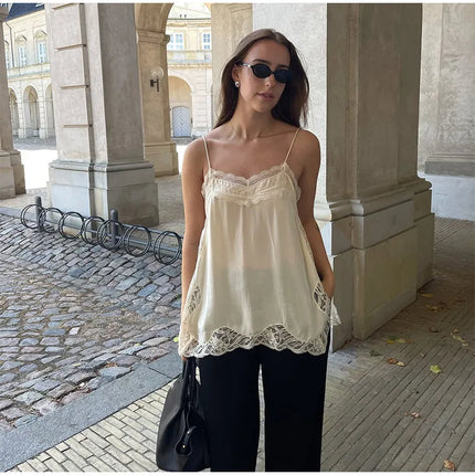 Women Lace Patchwork Sling Top Sexy V-neck Sleeveless Side Split Solid Color Vest 2025 New Summer Lady Party Vacation Tops