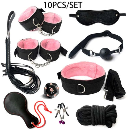 Erotic BDSM Kits for Couples - Sex Bondage Set with Handcuffs Gag Whip Nipple Clamps Anal Butt Plug Tail - Adult Toys for Women