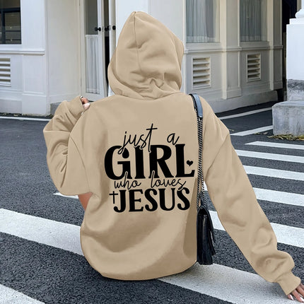 Just a Who Loves Jesus Hooded Pullover with Alphabet Print Long Sleeves Kangaroo Pocket Casual Sweatshirt for Women Minimalist