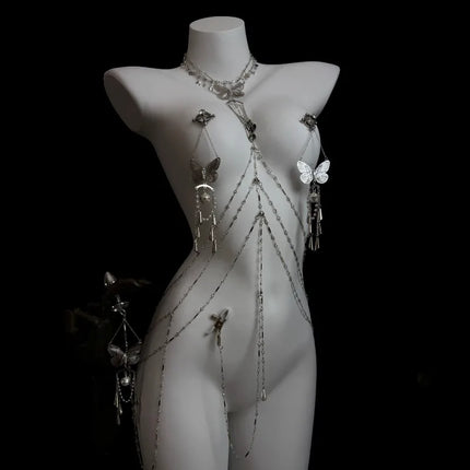 Sexy Butterfly Nipple Clips Body Chains Collar-Integrated Set Paired with Butt Plugs Vaginal Clamps Body Restraints Sex Toys