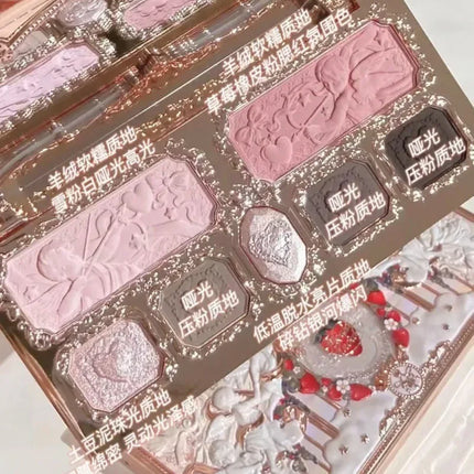 Flower Knows Strawberry Cupid Collection Matte Glitter Shimmer Eyeshadow Face Palette Highlight Blush Longlasting Makeup Palette