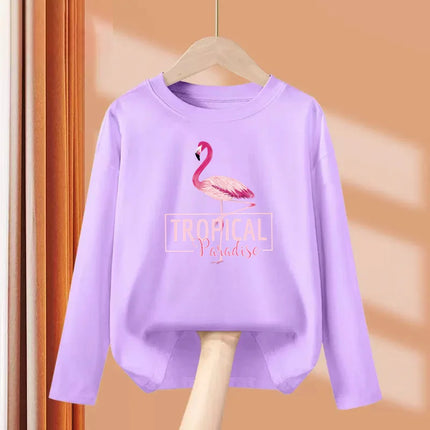 2024 New Flamingo Long-Sleeved T-shirt for Little Girls in Autumn, Round Neck Cotton Tops, Children's Fashion Tees, Ages 3-14