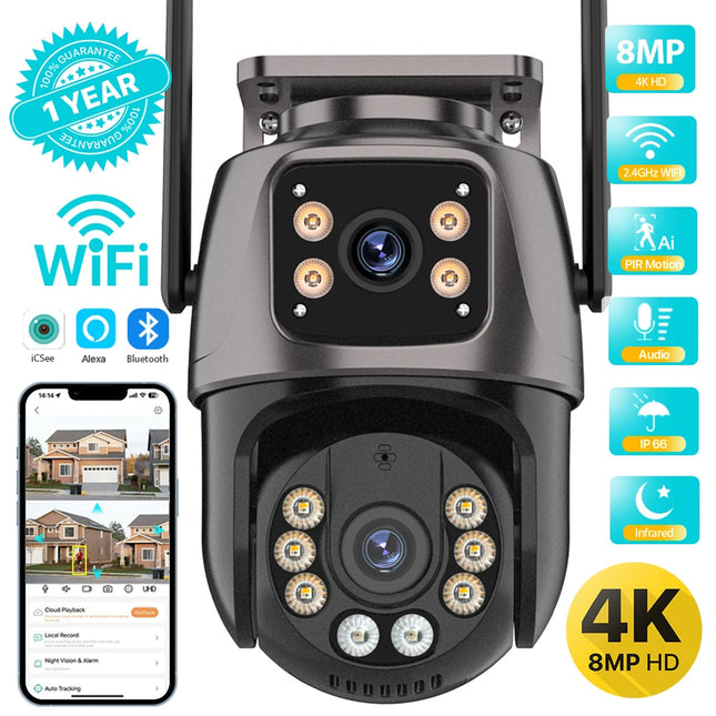 4K 8MP HD WiFi PTZ Outdoor Camera 4MP Dual Lens Dual Screen AI Auto Tracking IP Camera CCTV Audio Video Surveillance P2P iCSee