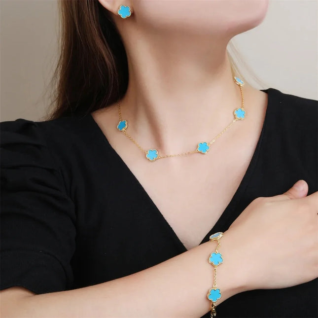 2024 Hot Sale 10 Colors Five-Leaf Flower Set Bracelet Necklace Classic Simple Women Jewelry Set Suitable For Daily Party Wear