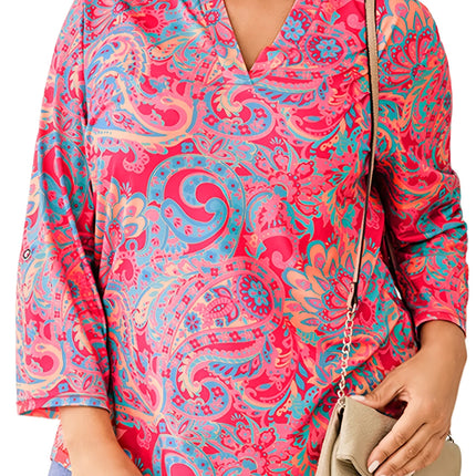 Plus Size Women's Paisley Print Top, Boho 3/4 Sleeve V Neck Blouse, Casual Shirt for Curvy Women