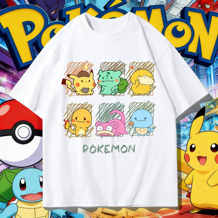 2026 Summer Pokemon Cute Starters Group Print T-Shirt, 100% Cotton Loose Oversized Couple & Family Tee for Travel Game & Sports