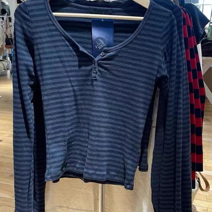 Pink Striped Slim Long Sleeve Tees Women Spring Casual Cotton O-neck Tshirt New Tops Clothes Sweet Cute  Vintage T-shirts Y2K