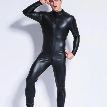 Plus Size S-4XL Sexy Men Catsuit Faux Leather Two Way Long Zipper Crotch Bodysuit Night Club DS Jumpsuit Lingerie Costume