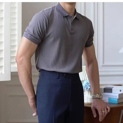 Vertical Stripe Knit Polo Men's Shirts Summer New Slim Solid Color Breathable Turn-Down Collar Business Short Sleeve Polo Tops