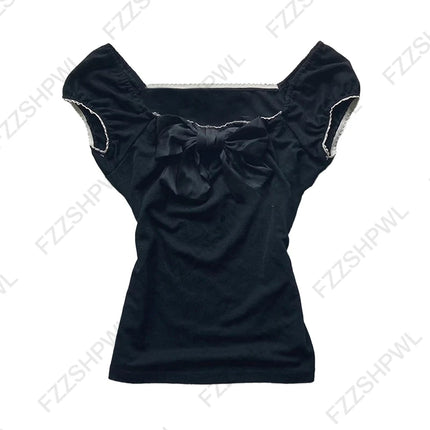 Gothic Harajuku Y2K Women's Crop Top Casual Slim Fit Striped Lace Bow Button Design Short Sleeve T-Shirt Chic Trendy Streetwear