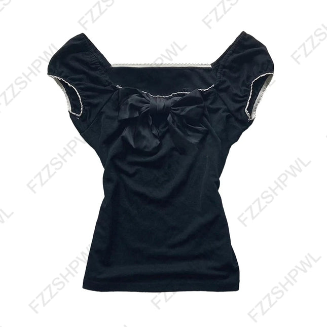 Gothic Harajuku Y2K Women's Crop Top Casual Slim Fit Striped Lace Bow Button Design Short Sleeve T-Shirt Chic Trendy Streetwear