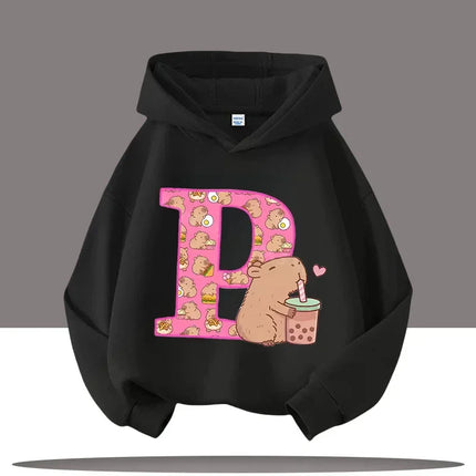 A-Z Kapibara cartoon printed children's hoodie, suitable for autumn outdoor casual tops for boys and girls, with hooded pullover