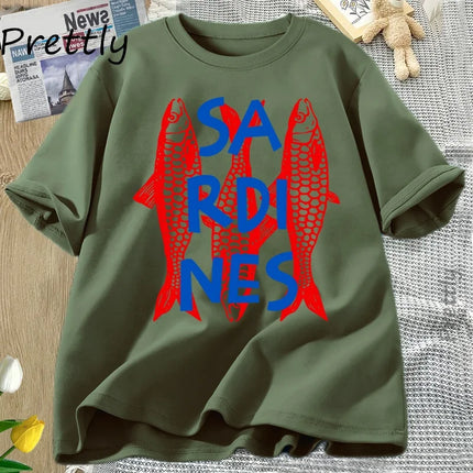 Sardines Graphic Tee Trendy Fish T-shirt Casual Short Sleeve Cotton T Shirt Streetwear Round Neck T-shirt Streetwear Cool Tees