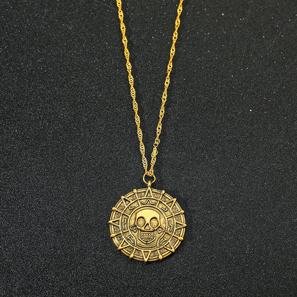 Pirates of the Caribbean Jack Sparrow Aztec Skeleton Skull Heads Coin Medallion Pendant Vintage Jewelry Necklace for Wholesale