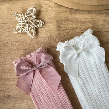 2 Pairs Girls Socks with Side Bowknots Decoration,Fashion Soft and Breathable Non-Slip Princess Stockings for 0-72 Months Babies
