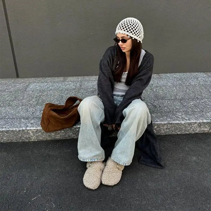 Retro Ethnic Hollow Knit Head Wrap Hat Sequins Pearl Fringe Tassel Crochet Beanie Bohemian Breathable Summer Women Pullover Cap