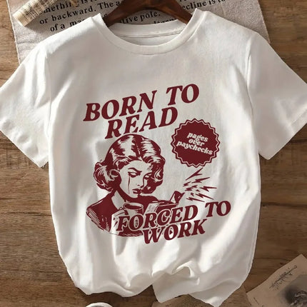 Women's Born To Read Compulsion Work Pattern T-Shirt Retro Book Lover Design Women's Illustration Crew Neck Short Sleeve