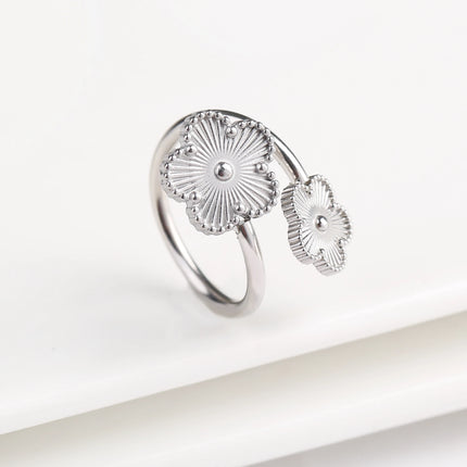 Adjustable Stainless Steel five-leaf Flower Opening Ring Fashion Women Plum Blossom Finger Jewelry Classic Party Gift Clover