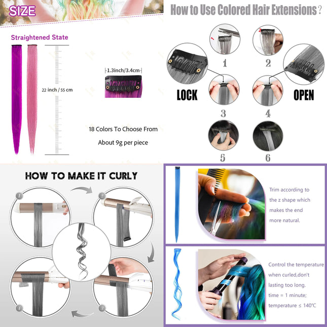 VEYDA Colored Party Highlights Clip-in Hair Extensions for Girls 22 Inches Ombre Colors Straight Synthetic Hairpieces