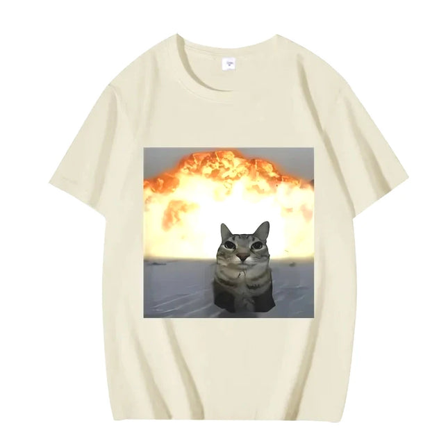 Whimsical Cat Explosion Graphic T Shirt Women Funny Short Sleeve Summer Print Women Tops Funny Cat Meme Women Clothes