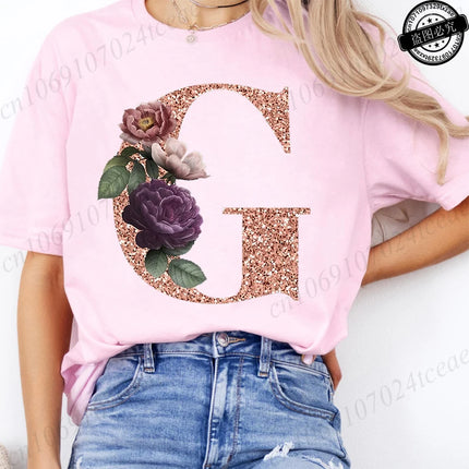 T Shirt for Women Clothing Summer Short Sleeve Tee shirts Rose Gold Letter A~Z Printed Graphic Tops Female T-Shirts Clothing