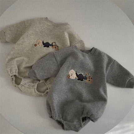 Spring and Autumn Baby Clothes New Baby and Toddler Looped Cotton Long Sleeved Cartoon Rompers Cute Dinosaur Triangle Clothes