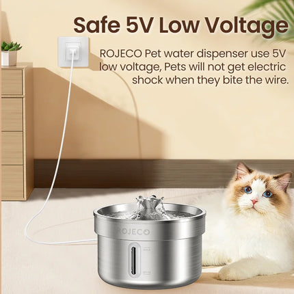 ROJECO Stainless Steel Pet Drinking Fountain Auto Cat Water Fountain Smart Pet Water Dispenser with Pump for Dog Cat Drink Bowl