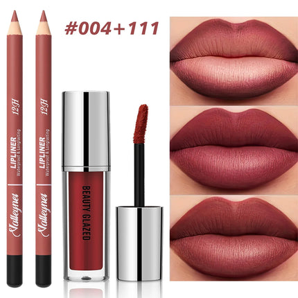 2Pcs/Set Lip Liner + Lipstick, Pink Brown and Purple, Long-lasting Matte, Waterproof and Easy to Apply, Create Daily Makeup