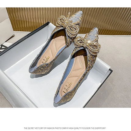 Women Flat Elegant Fashion Women Flat Fashion Ballet Shoes Ladies Bling Crystal Bow Tie Pointed Toe Flats Shoes Zapatos De Mujer