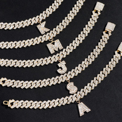 New 14MM Iced Out Cuban Chain 26 Initial Letter Anklets for Women Bling Paved Rhinestone Hip Hop Ankle Bracelet Barefoot Jewelry