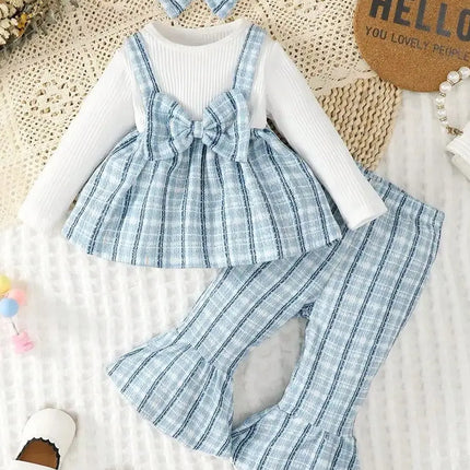 0-2 Fashionable Baby Girl Cute Romantic White Pit Strip Splicing Blue Checkered Long Sleeve Top with Blue Belly Pants and Hairba