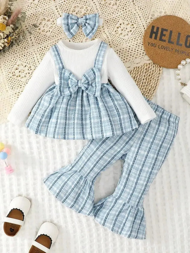 0-2 Fashionable Baby Girl Cute Romantic White Pit Strip Splicing Blue Checkered Long Sleeve Top with Blue Belly Pants and Hairba